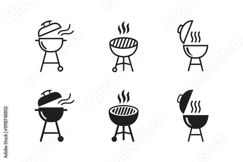 Barbecue grill icon set with smoking charcoal kettle designs