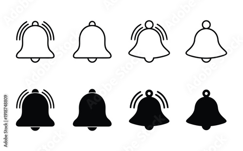Bell icons set showing ringing and silent states in outline and solid