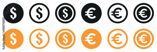 Black and orange dollar and euro coin icons for financial services and economy