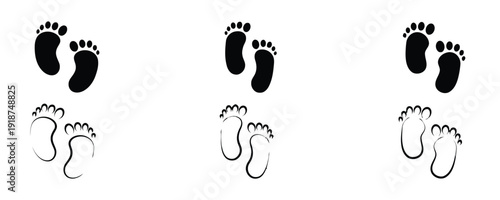Black and outline baby footprint icons in different styles for new life and birth themes