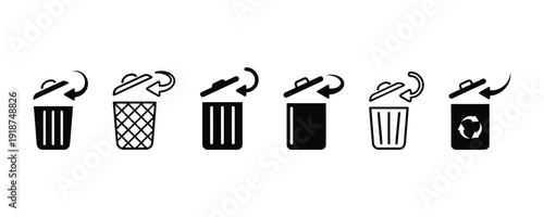 Black and white icons of trash cans with lids and recycling symbol