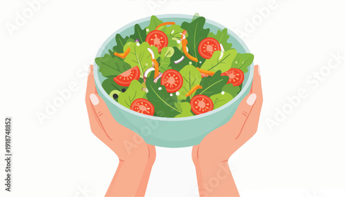 Hands Holding Fresh Green Salad Bowl Illustration. Healthy Vegan Eating, Organic Food and Nutrition Concept.