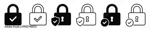 Black and white security lock icons with check marks and shields