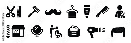 Barbershop icons set for men grooming and hair styling services