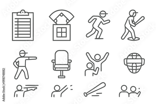 Baseball and sports event icons in a simple outline graphic style
