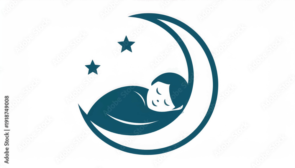 Obraz premium Peaceful Baby Sleeping on Crescent Moon Icon. Sweet Dreams Logo for Sleep Care, Nursery, or Wellness Branding.