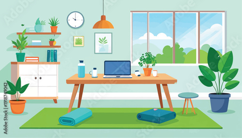 Work-Life Balance Home Office Illustration: Desk, Laptop, Yoga Mat, and Houseplants for Wellness