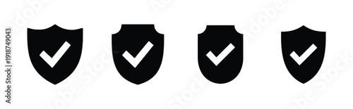 Black shields with white checkmarks, symbolizing verification and success