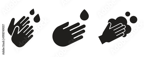 Black silhouette hand washing hygiene icons for health and safety protocols