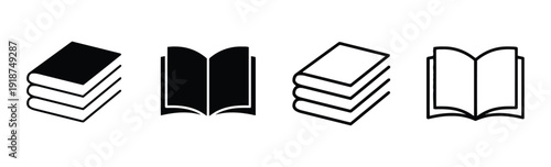 Book icons showing stacks and open books, solid and outline designs for reading and education