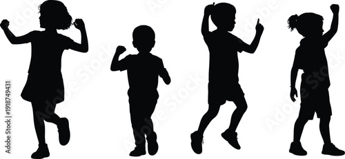 Happy children dancing silhouette set, kids jumping and celebrating, playful energy and childhood joy concept, black vector illustration isolated