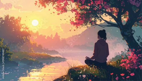 Serene Digital Art Illustration of Woman Meditating at Sunset by River, Surrounded by Flowering Sakura Trees and Mountain Landscape