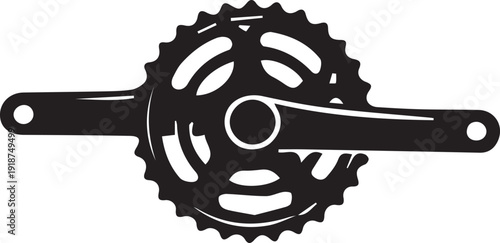 Black and white graphic illustration silhouette of a bicycle chainring and crank arm assembly component detail