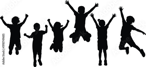 Happy children jumping silhouettes set, playful kids celebrating, active childhood poses, joyful movement, fun activity illustration collection