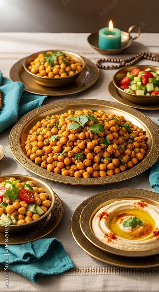 Obraz premium Middle Eastern chickpea dishes on wooden table.