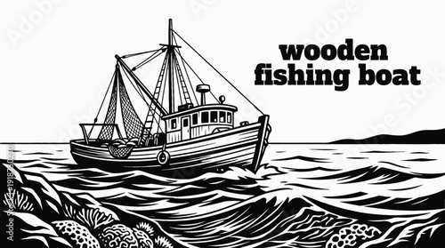 wooden fishing boat vessel in coastal sea ocean marine water harbor waves horizon navigation vector illustration