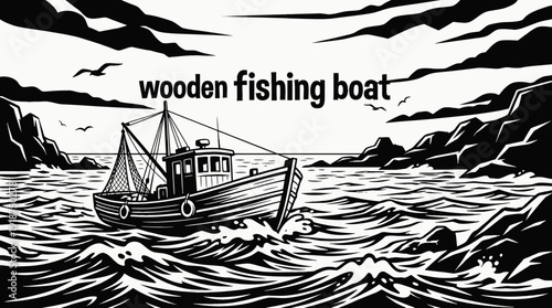wooden fishing boat vessel in coastal sea ocean marine water harbor waves horizon navigation vector illustration