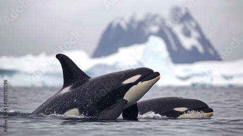 Two orcas in a frigid sea, iceberg backdrop