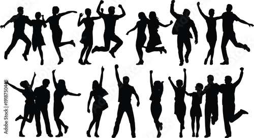 Happy people jumping silhouettes collection, dancing men and women celebrating success party event, energetic crowd poses isolated on white background