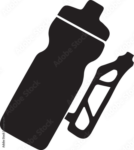 Simple black and white icon silhouette depicting a bicycle water bottle and a cage mount accessory.