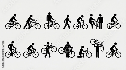 Silhouette sequence of person with bicycle, showing approach, mounting, riding, wheelie, and dismount, capturing motion, action, lifestyle, and cycling habits in minimalist black icons.