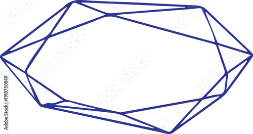 Abstract blue geometric wireframe shape representing a multifaceted crystal or diamond structure in isolation.