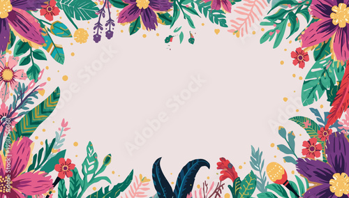 Vector template banner of Carnaval in Brazil featuring vibrant floral patterns with a flat design style, incorporating bright colors such as pink, purple, and green