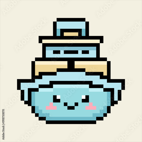 Cute kawaii pixel art 8-bit chibi ferry boat