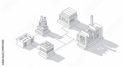 Modern industrial complex represented in an isometric line art illustration, depicting interconnected factory buildings and production processes forming an efficient manufacturing network