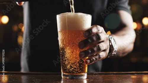 Bartender skillfully pouring golden beer into a tall glass, creating a perfect foamy head and bubbles