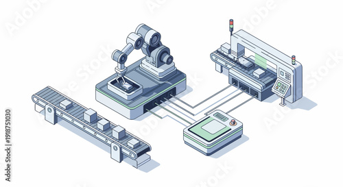 Automated factory production line with robotic arms and conveyor belts, illustrating smart manufacturing and industrial automation concepts