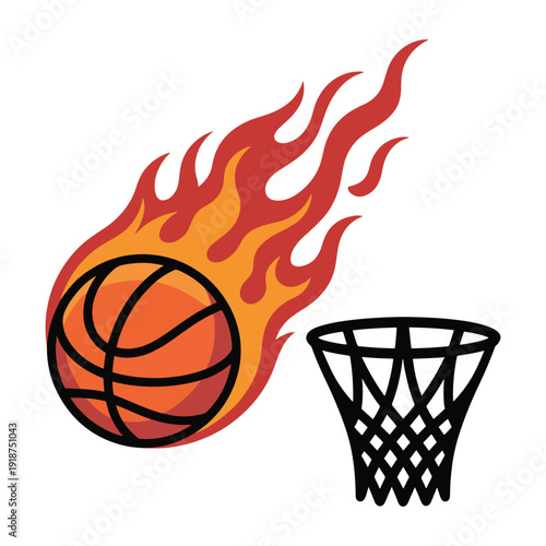 Flat vector illustration of a flaming basketball flying into a hoop, clean sports team logo design isolated on a white background for branding and apparel.