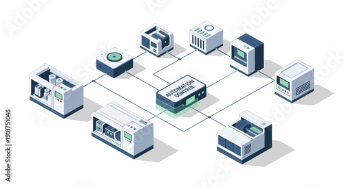 Networked industrial equipment illustration representing automated manufacturing systems and integrated technology