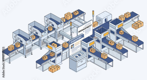 Modern automated factory logistics system with conveyor belts, packages, and smart management for efficient process optimization