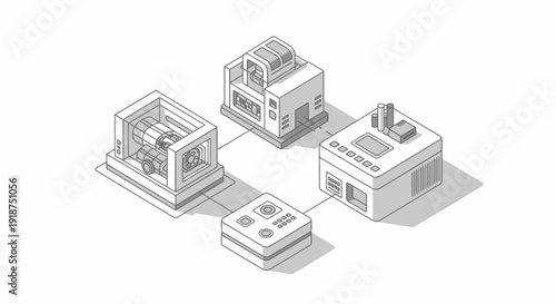 Isometric graphic of a smart industrial network, connecting automated factory buildings and processes, symbolizing modern manufacturing and digital transformation