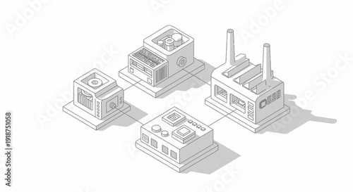 Industrial network illustration of interconnected factories in isometric view, representing manufacturing and production processes