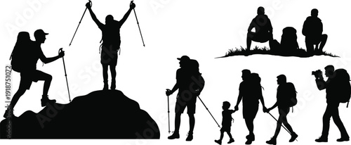 Hiking and trekking silhouettes set, backpackers climbing mountain, family outdoor adventure, camping travelers with backpacks isolated on white background vector illustration