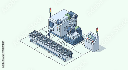 Automated robotic arm on a conveyor belt in an industrial factory setting, representing advanced manufacturing and production processes
