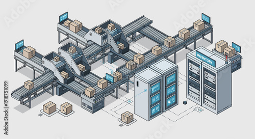 Automated assembly line with conveyor belts and computer servers in a modern factory setting