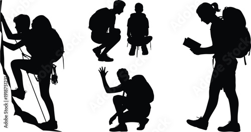 Hiking family silhouettes set, parents and child trekking, mountain adventure, outdoor exploration activity, backpackers camping, nature travel illustration collection