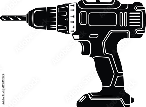 Black cordless electric drill silhouette vector illustration, handheld power tool icon isolated on white background, construction hardware equipment graphic