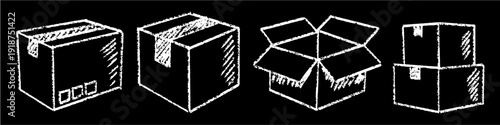 Set editable chalk drawing package box vector for rustic shop branding. Ideal for symbolizing local deliveries, handmade goods shipping, and creative logistics.