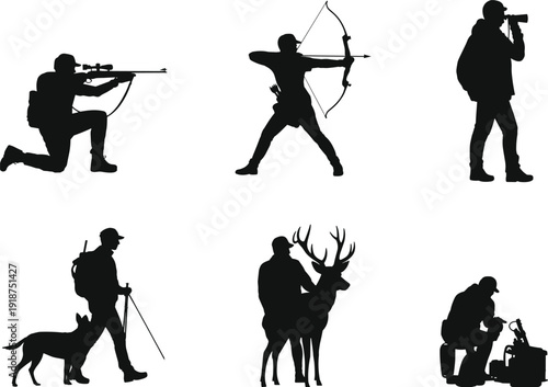 Hunter silhouette set, man with rifle, bow and deer trophy, outdoor hunting adventure concept, black vector illustration isolated
