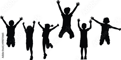 Kids jumping silhouette set, happy children raising hands in playful action poses, joyful childhood activity collection, isolated black vector illustration