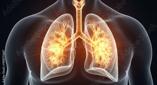 Human body with transparent torso showing glowing lungs and bronchial tree against dark background