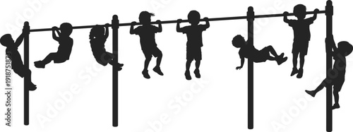 Kids monkey bars silhouette set, children climbing horizontal bar playground equipment, outdoor fitness activity, black vector illustration isolated