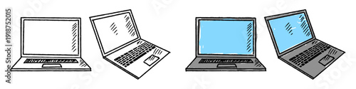Set editable sketch drawing laptop vector for creative agencies and tech startups. Ideal for symbolizing brainstorming, digital design processes, and tech innovation.