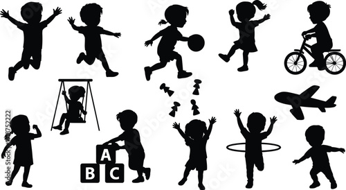 Kids playing silhouette set, children jumping, running, cycling and learning activities, joyful childhood lifestyle collection, isolated black vector illustration