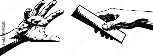 Hand receiving credit card from another hand vector illustration, payment transaction concept, financial exchange, banking security, black white line art