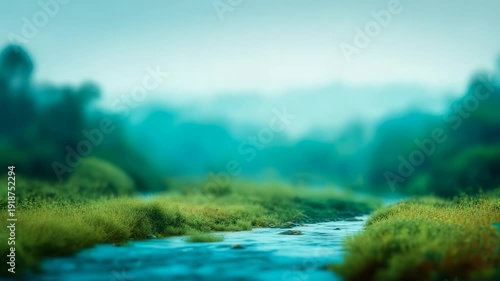 A gentle river winds through verdant grass and dense foliage, bathed in early morning mist and soft blue green hues. The tranquil atmosphere highlights the beauty of untouched wilderness